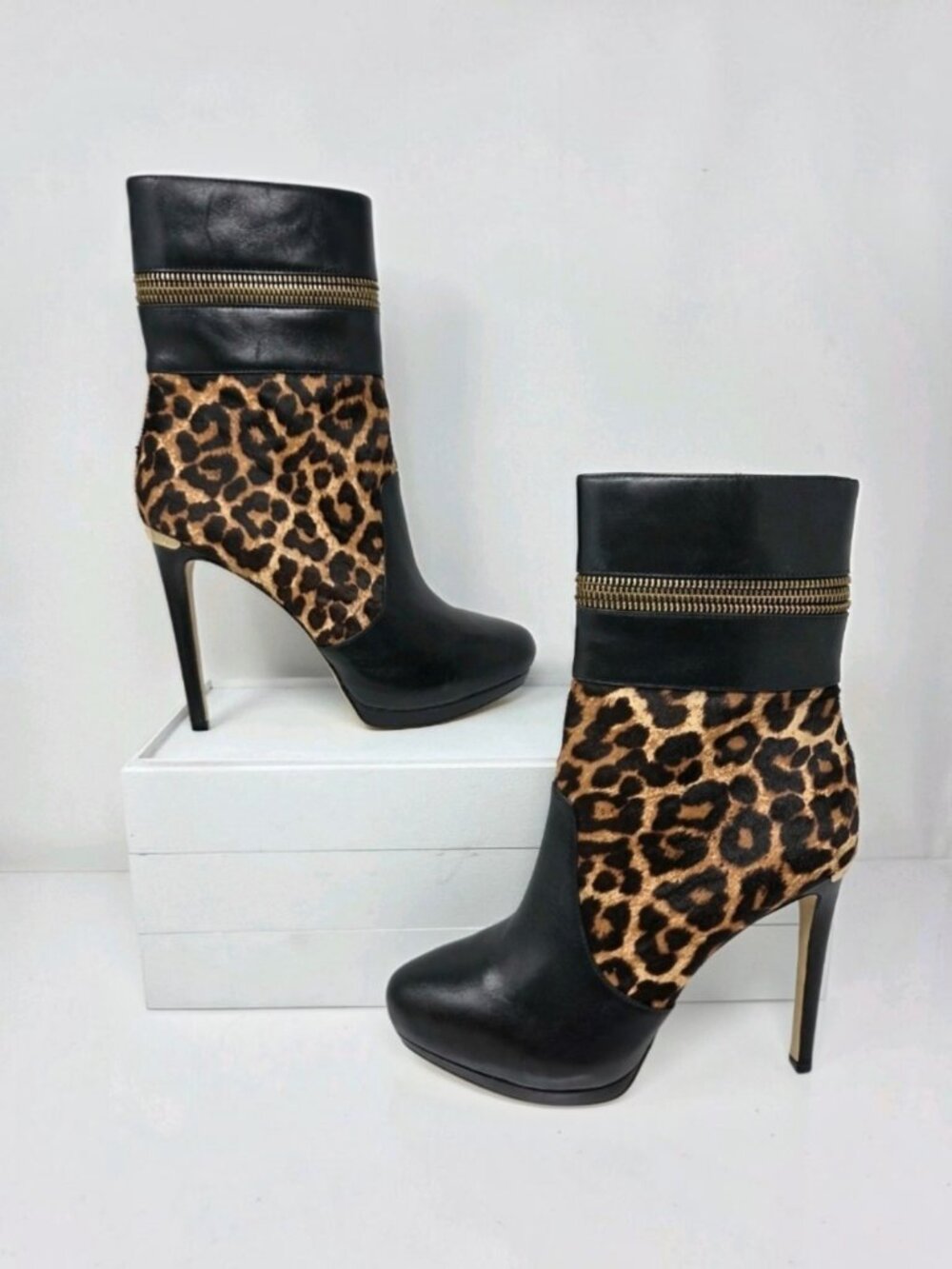 Michael Kors Womens 8 Haya Leopard Calf Hair Leather Stiletto Heel Ankle Boots